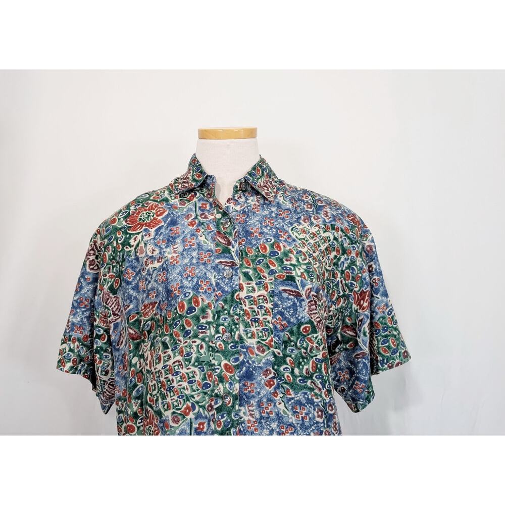 Vintage 90s Blouse Silk Blue Red Floral Short Sleeve Shirt Top Women's Size S - Picture 2 of 6
